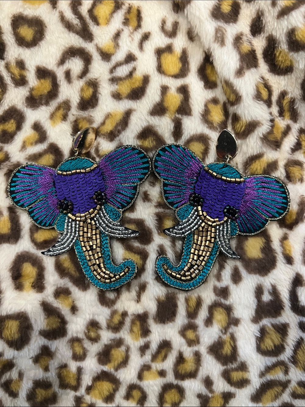 Vibrant Purple & Teal Elephant Beaded Drop Earrings